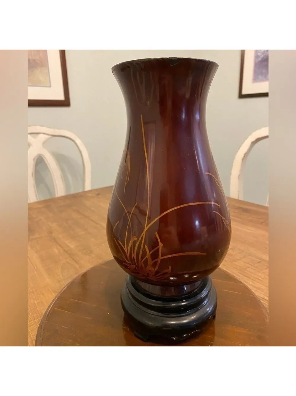 Vintage 1960 11” tall Hand painted mahogany & black Lacquer Wood Vase -Viet Nam